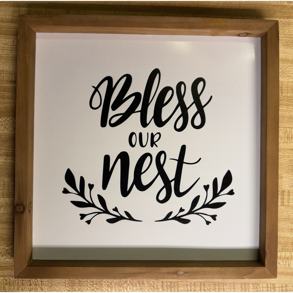 NEW Wood Framed Wall Plaque Sign "Bless Our Nest" Typography Brown/White/Black
